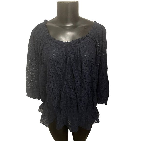 1X Izod Women Sheer Lace Top Elastic Off Shoulder Navy Blue - Picture 2 of 10